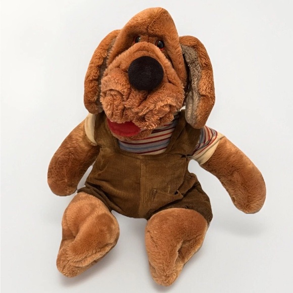 Vtg 1981 Ganz Bros Wrinkles The Dog Hand Puppet Plush Overalls Striped Large 17" - Picture 1 of 6